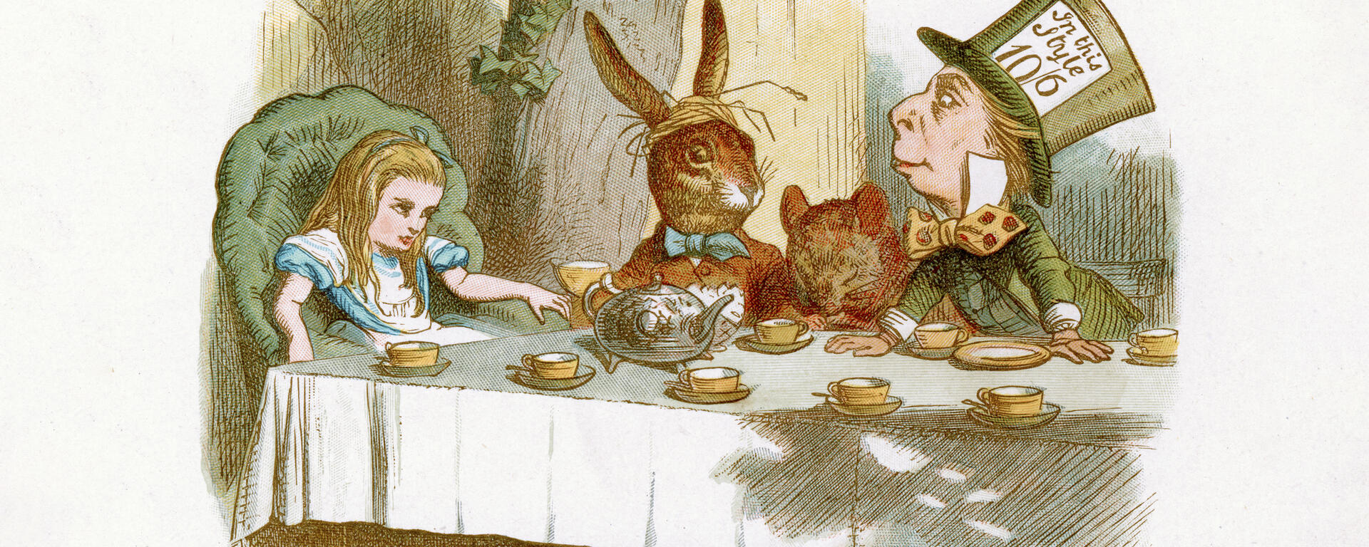 Alice in Wonderland has tea with the Rabbit and Mad Hatter