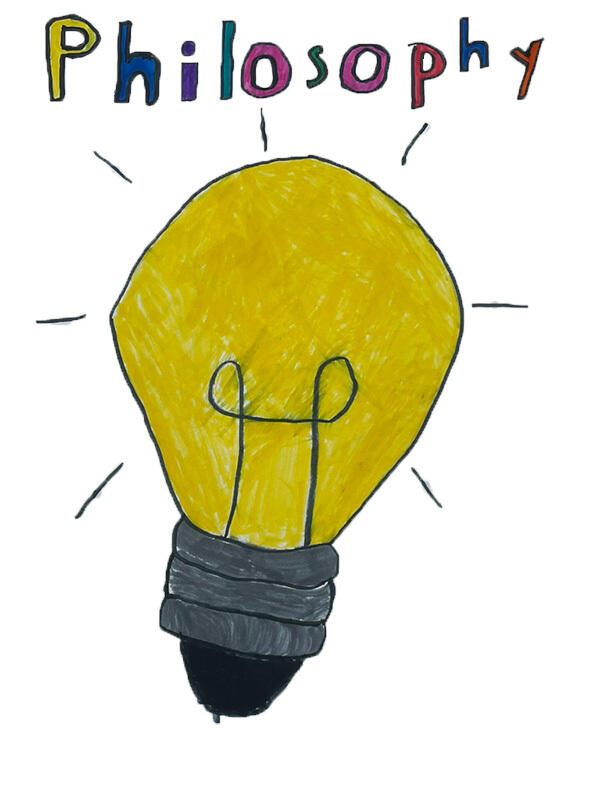 A child's drawing of a lightbulb with the word Philosophy written above it in colourful letters.